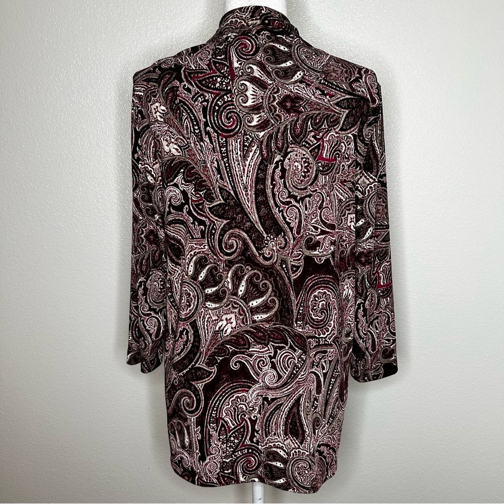 Chicos Easywear Womens Burgundy Tan Paisley Open Front Jersey Cardigan Size 2/ L - Picture 6 of 11
